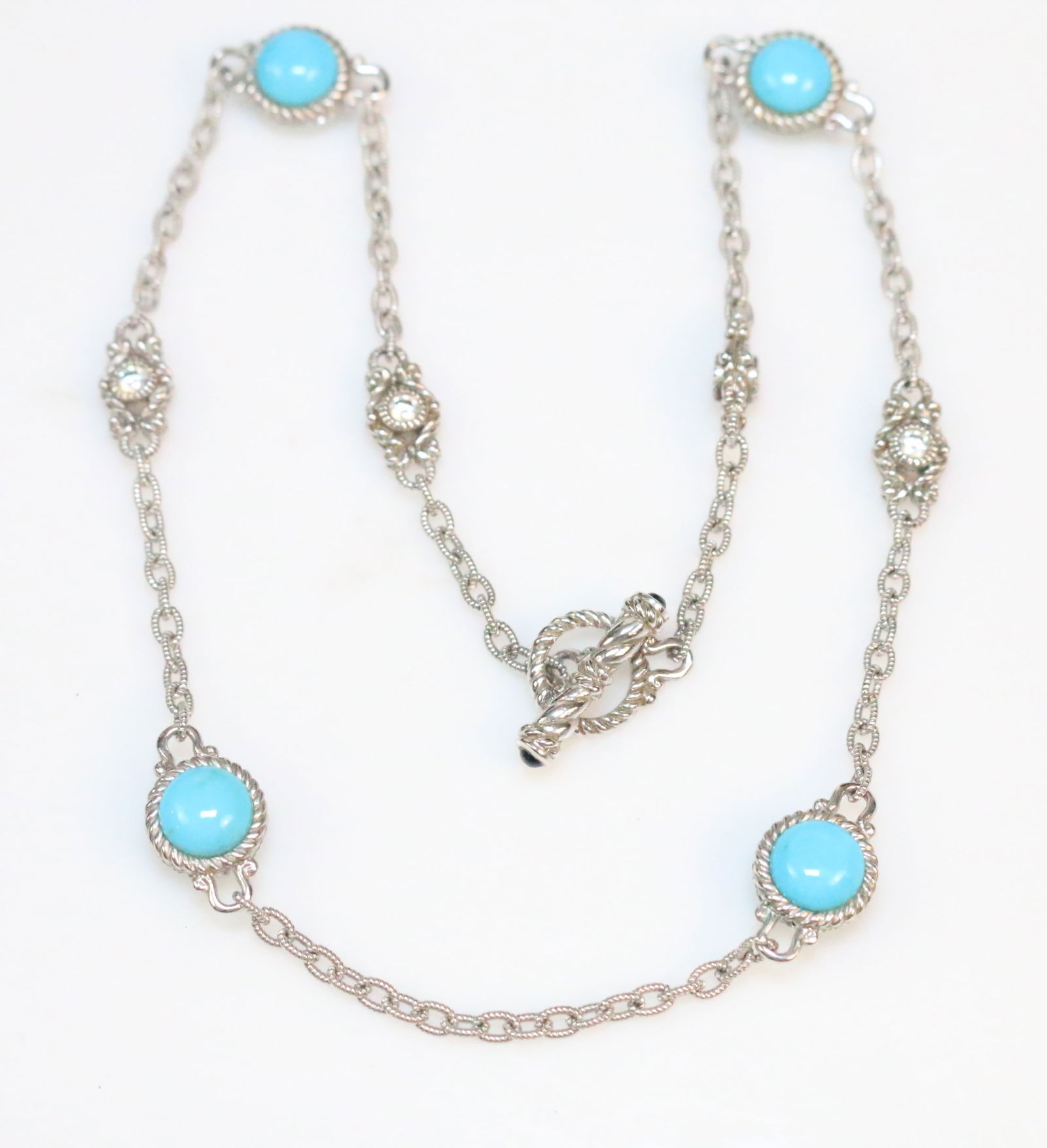 LIKE NEW Judith Ripka Sterling Silver Turquoise & Diamonique CZ Station Toggle Necklace. (1 of 7)
