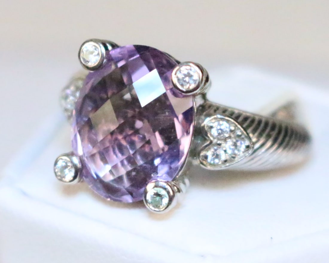 Judith Ripka Sterling Silver Diamonique Simulated Diamond  Amethyst Cocktail Ring Size 8.25 (1 of 5)
