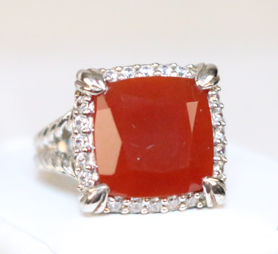 Judith Ripka Sterling Silver Diamonique Red Carnelian Princess Cut Cocktail Ring Size 6. (1 of 7)