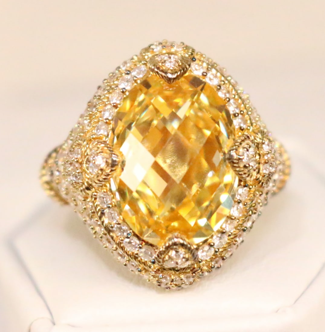 Judith Ripka Gold Clad Sterling Silver HUGE Yellow Citrine Topaz Diamonique Cocktail Ring Size 9.0 (1 of 4)