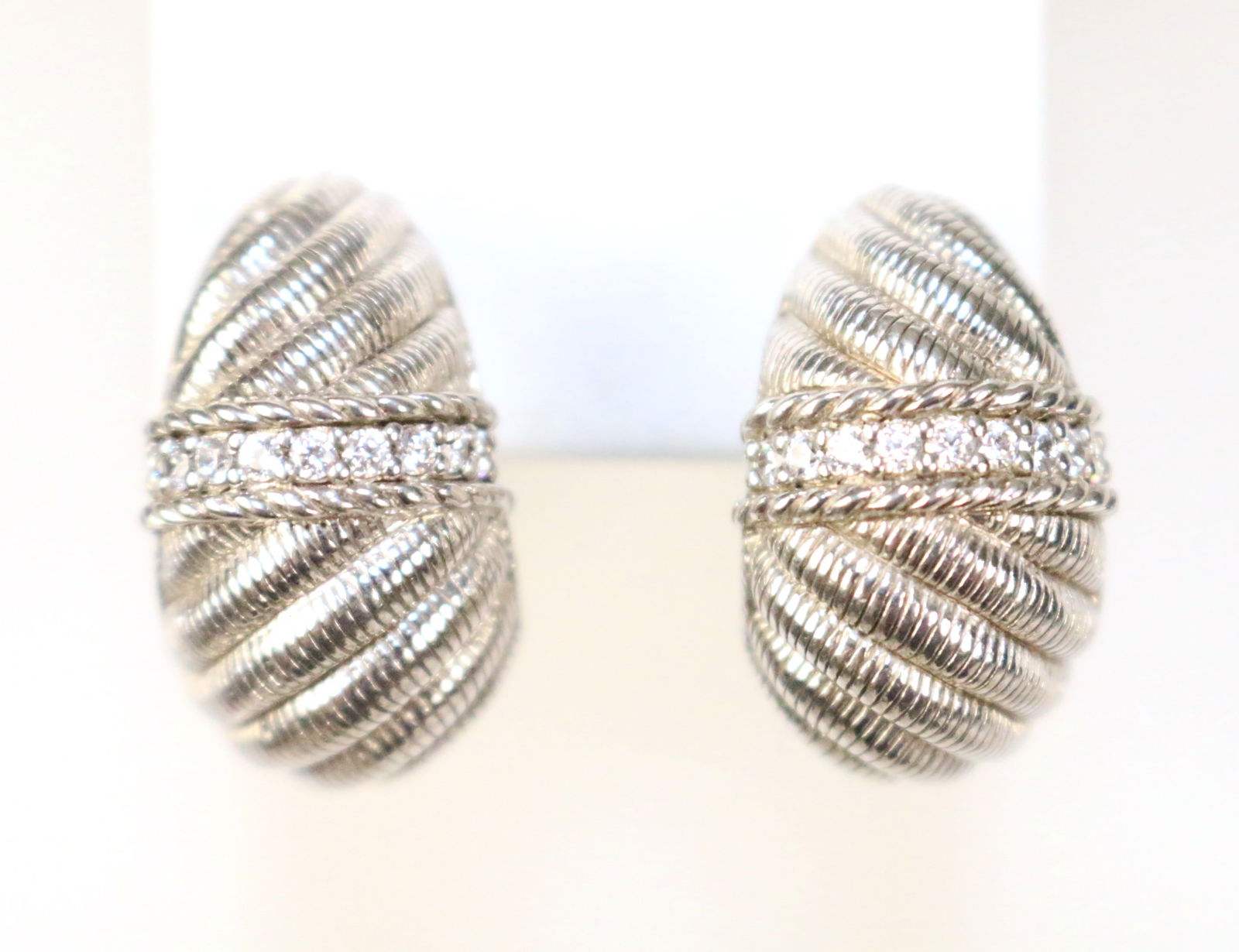 Judith Ripka Sterling Silver Diamonique Lever back Rope Textured clip Large huggie Earrings (1 of 4)