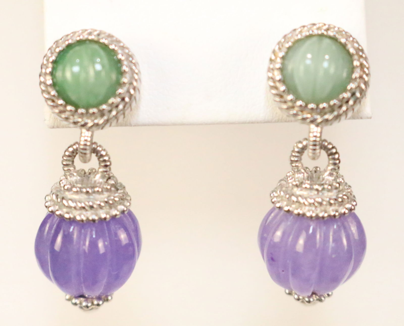 Vintage Judith Ripka Sterling Silver Green & Purple Jade Drop Pierced Earrings (1 of 3)