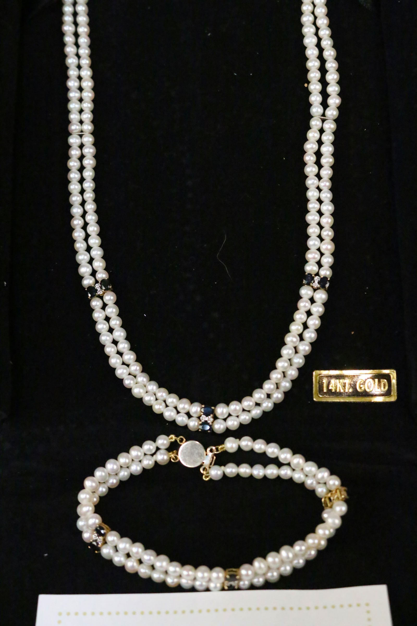 LIKE NEW 14KT gold natural pearl sapphire & diamond Necklace Bracelet Set Boxed (1 of 8)