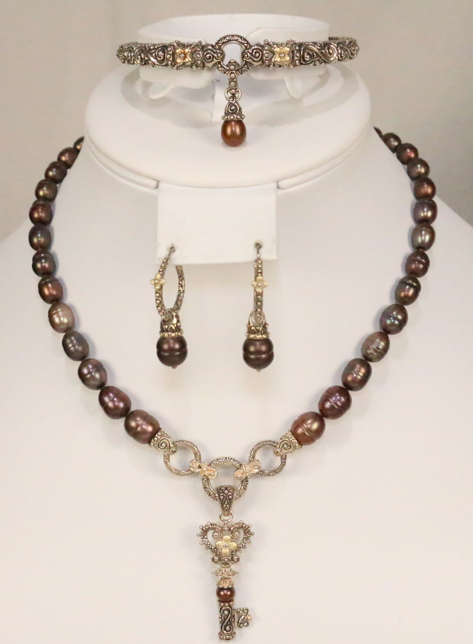 Barbara Bixby RARE 6 Piece Sterling Silver 18kt Gold Pearl Necklace, Pendant, Enhancer, bracelet & (1 of 11)