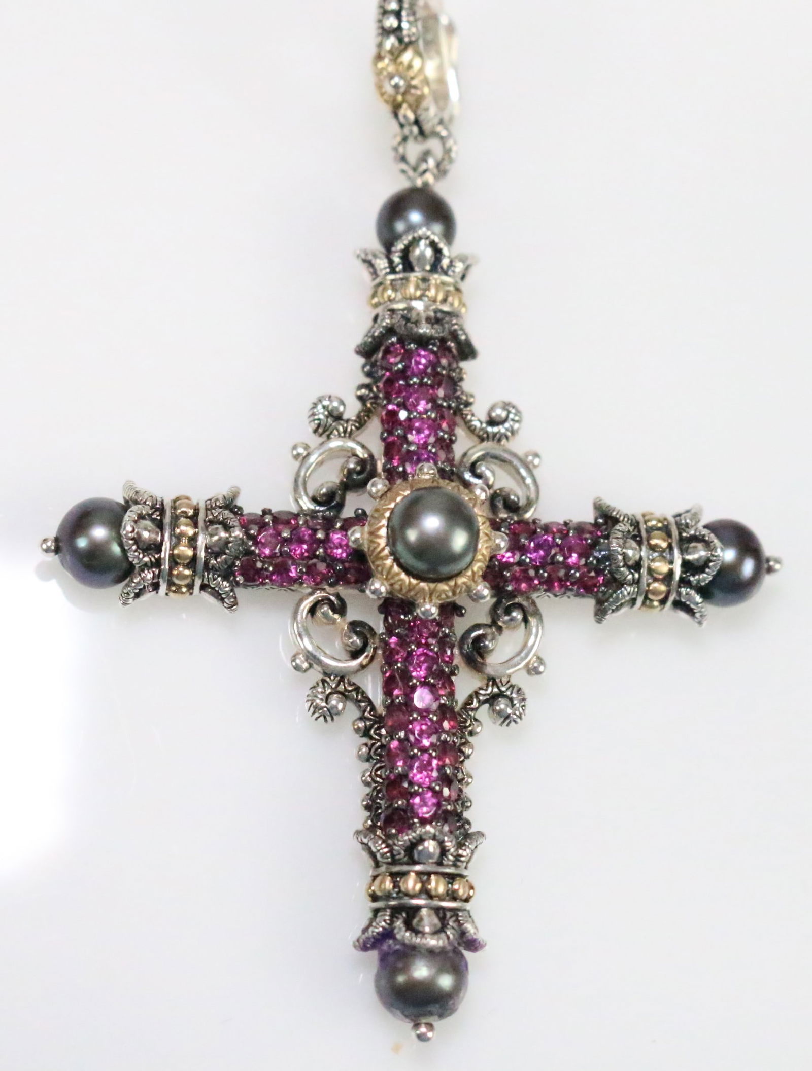 RARE LARGE Barbara Bixby Sterling Silver 18kt Gold Large Rhodolite, Pearl Cross  Pendant Enhancer. (1 of 7)