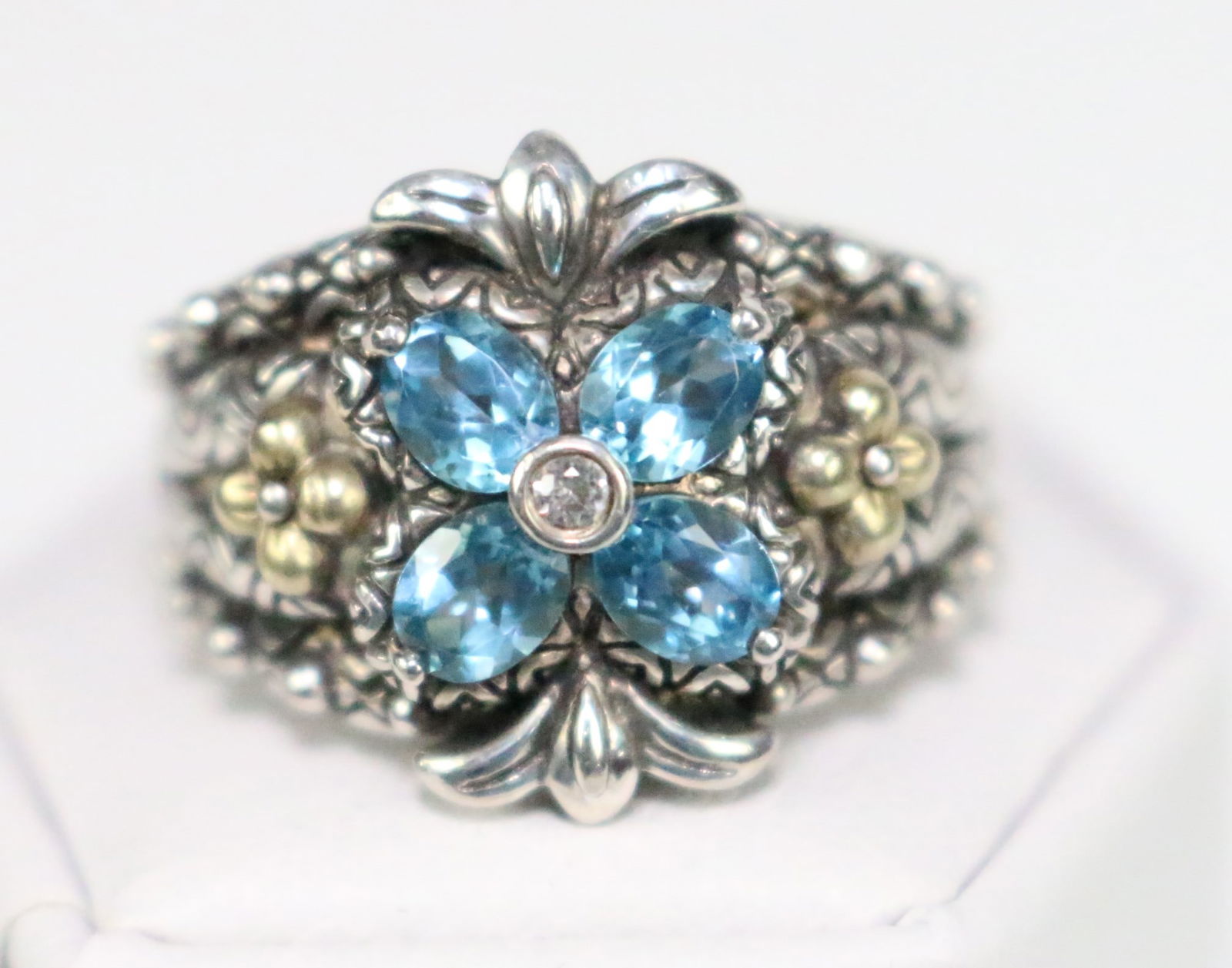 Barbara Bixby Sterling Silver 18kt Gold Blue Topaz Flower Ring  size 6.5. (1 of 6)