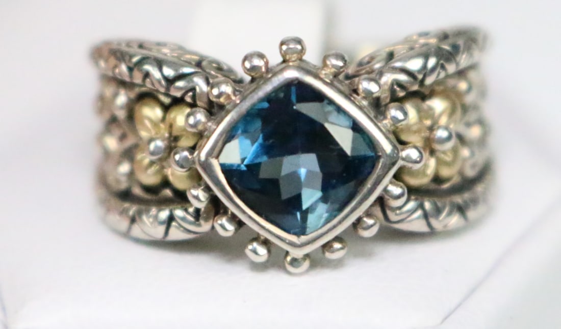Barbara Bixby Sterling Silver 18kt Gold London Blue Topaz Princess cut cocktail Ring. Size 7.25 (1 of 6)
