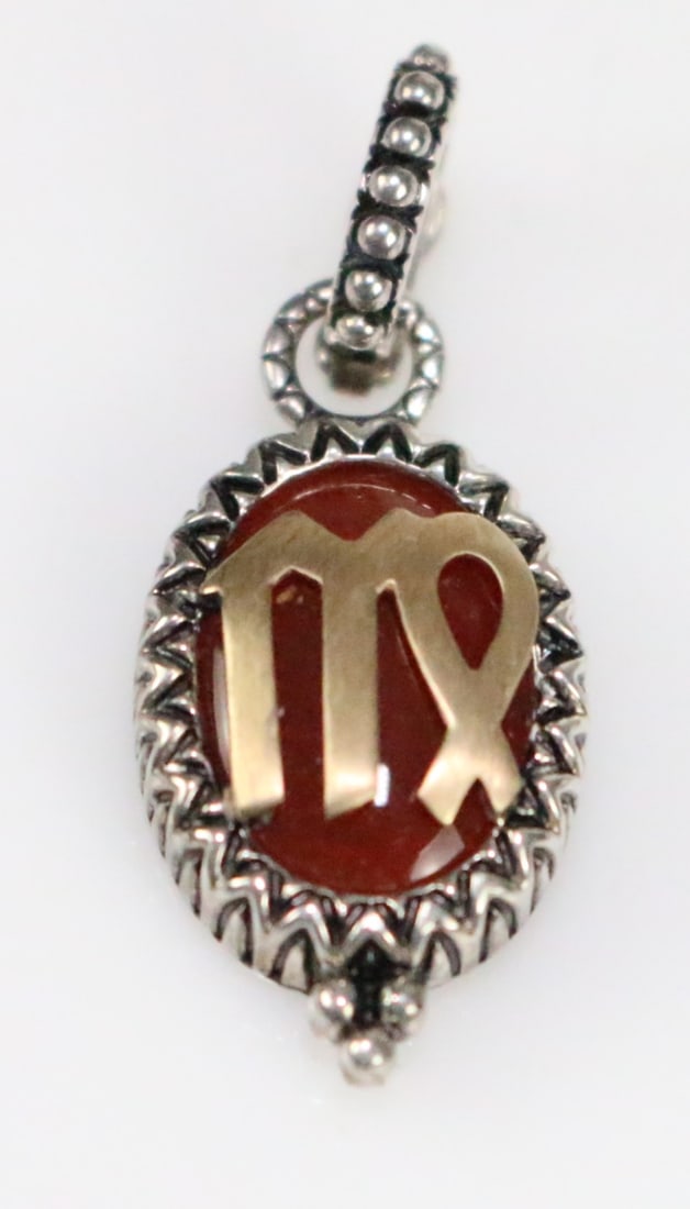 Barbara Bixby Sterling Silver 18kt Gold Carnelian VIRGO Pendant Enhancer.: DESCRIPTION: Amazing large pendant enhancer locking opening bale. 18kt gold lettering. On Carnelian stone. DIMENSIONS: 1.25" long with the bale.