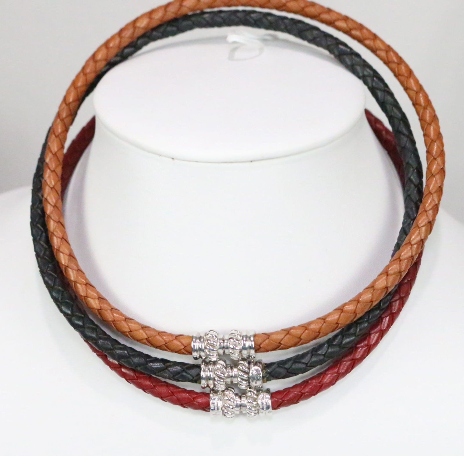 NEW Judith Ripka 3 Piece Braided Leather Sterling Silver Necklaces, Red, Black Brown (1 of 5)