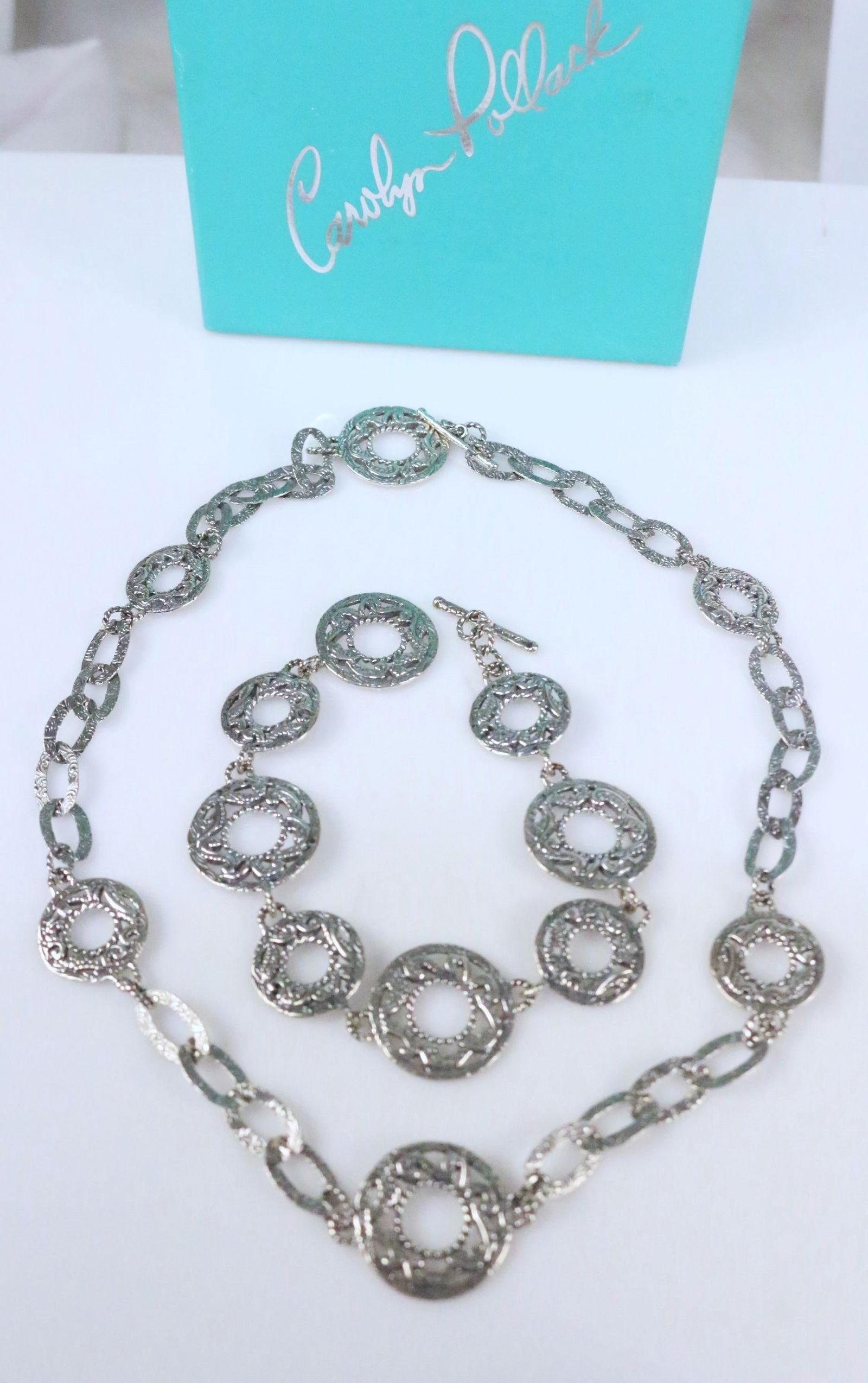 Brand NEW Carolyn Pollack Sterling Silver Scroll embossed link 2 piece Necklace Bracelet Set in the (1 of 5)
