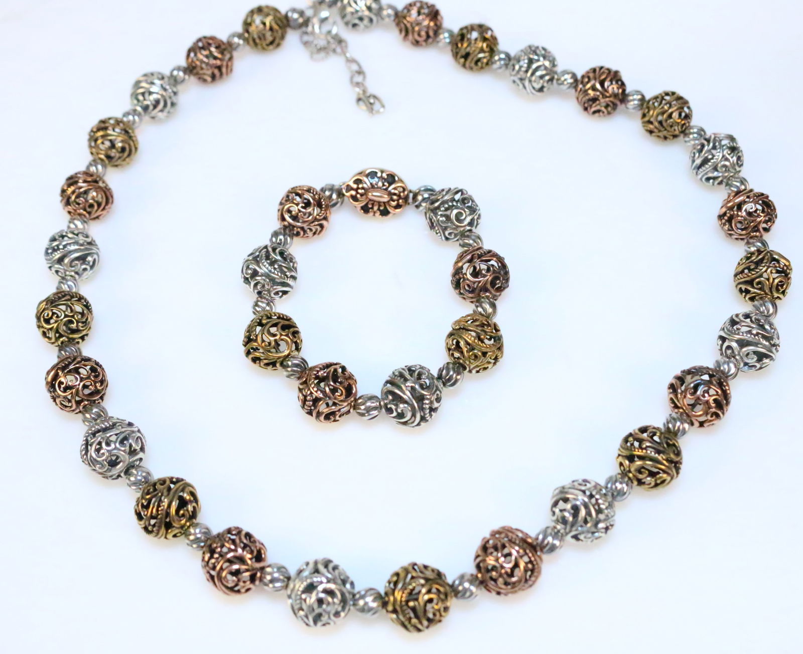 Brand NEW Carolyn Pollack Sterling Silver Brass Copper Scroll Beaded Necklace Bracelet 2 pc Set the (1 of 8)