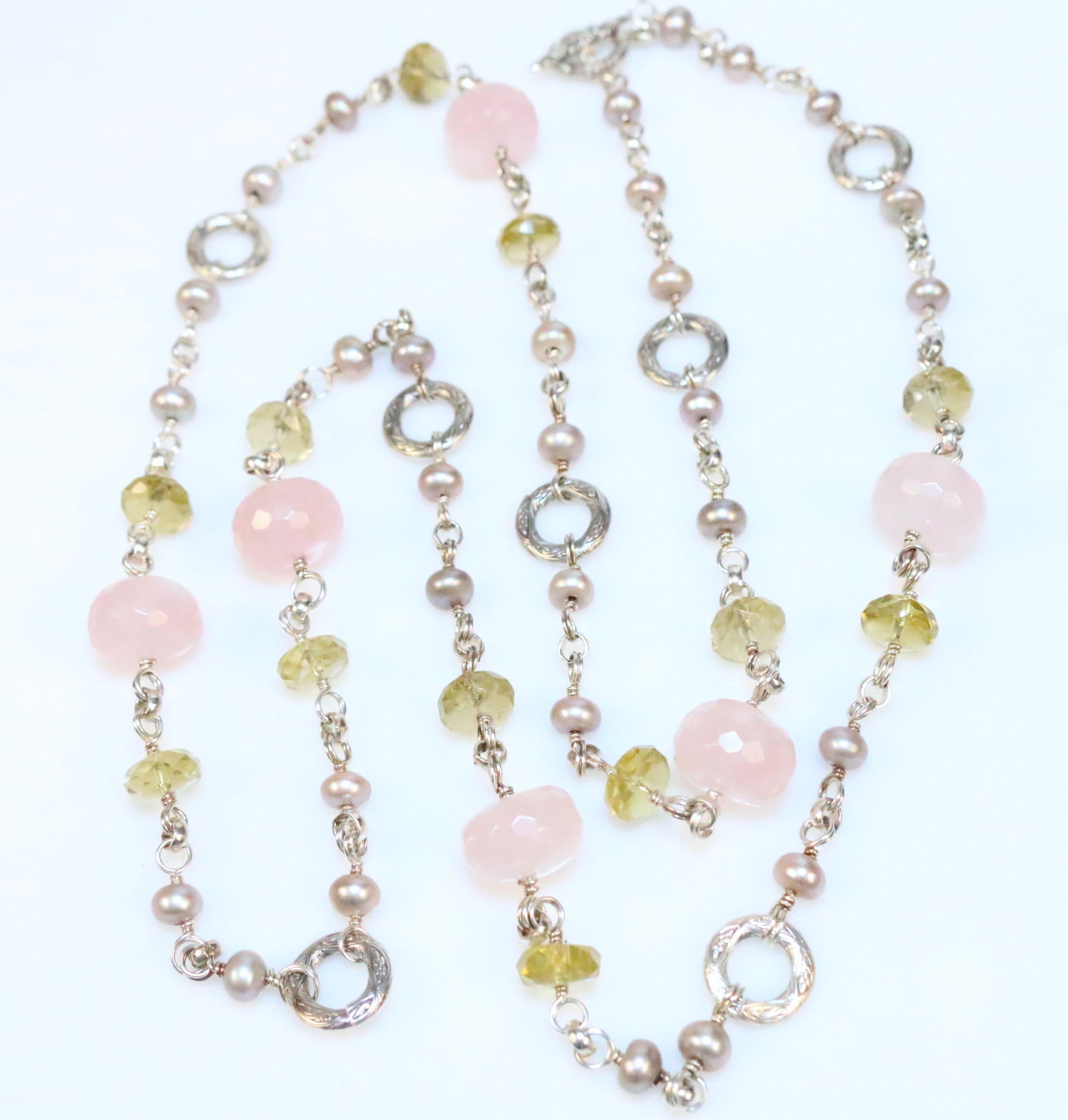 Stephen Dweck Sterling Silver Quartz, Pearl & Citrine Station Necklace 41" Opera Length Necklace (1 of 6)