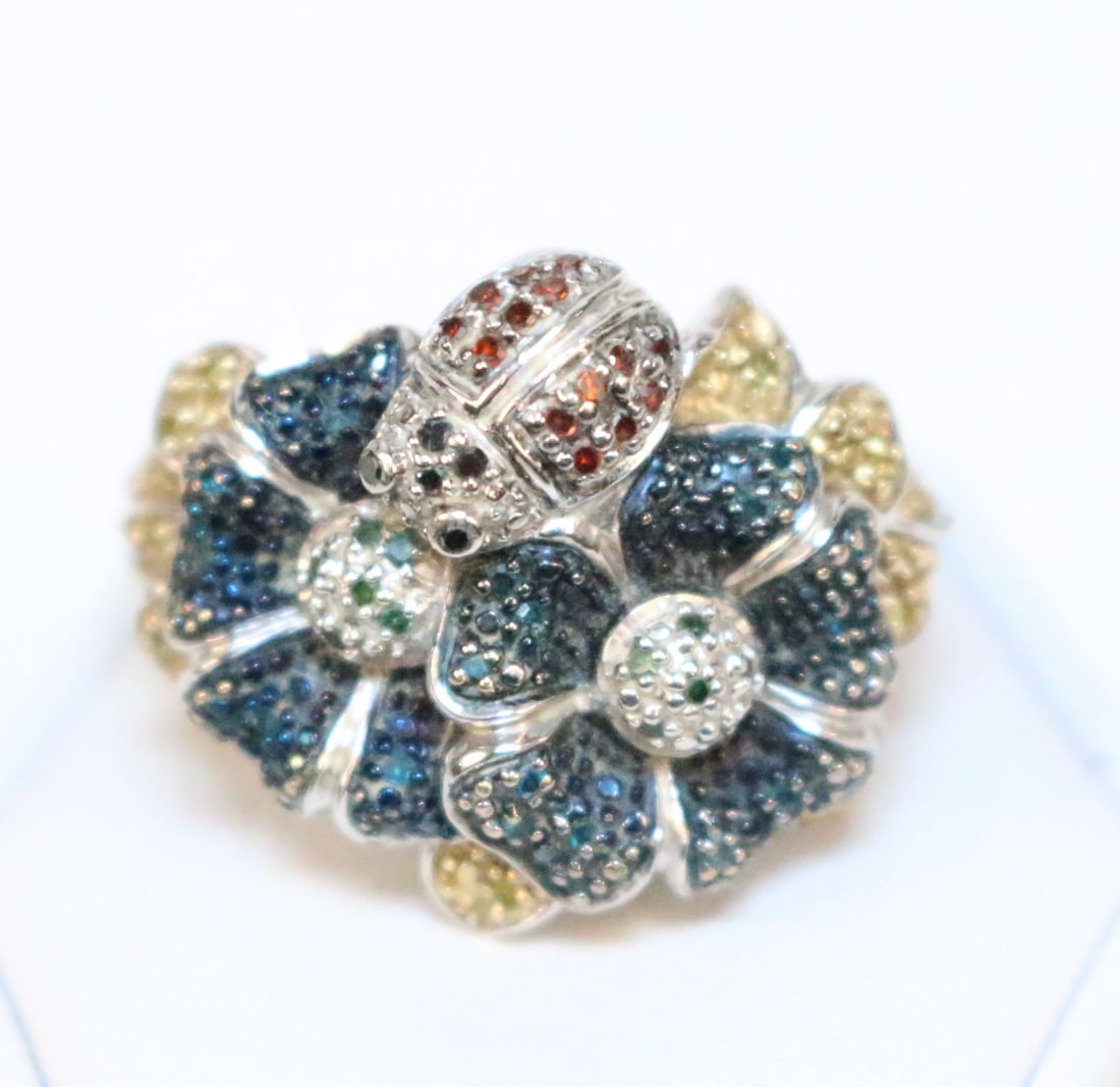 Colored Genuine Diamond Flowers & Lady Bug Sterling Silver Ring SZE 8.5. (1 of 8)