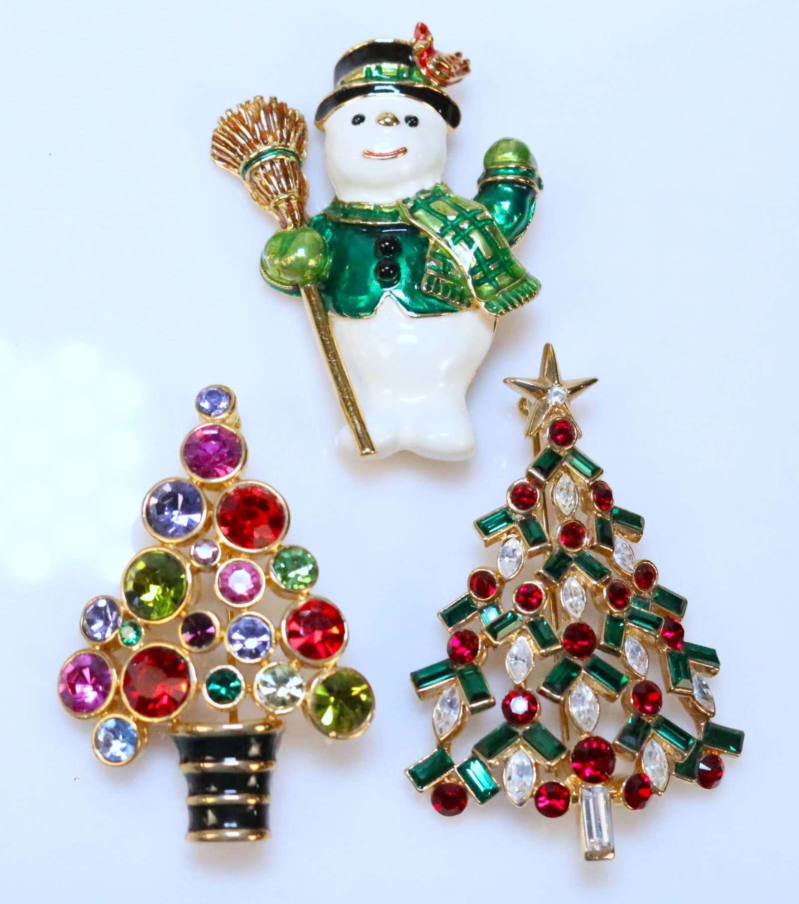 Lot of 3 Joan Rivers & Nolan Miller Christmas Brooches 2 Trees & Snowman Crystal Enamel (1 of 7)