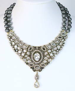 RARE Heidi Daus "Worth Waiting For" Hematite color pearl Crystal Statement Necklace: POPULAR STUNNING NEW breathtaking statement necklace with 2 large strands of hand knotted hematite dark gray faux pearls with huge pear and teardrop, oval, and round Swarovski crystals in assorted siz