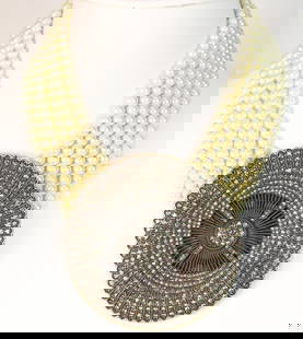 NEW HEIDI DAUS Belgium Disc Cream Ivory 6 strand Pearl HUGE Pendant Necklace: DESCRIPTION: FABULOUS Jaw Dropping 6 strands of gorgeous Cream Ivory Pearls with a large center disc Paved with brilliant graduated sizes of black diamond cut Swarovski brilliant crystals in a beaded