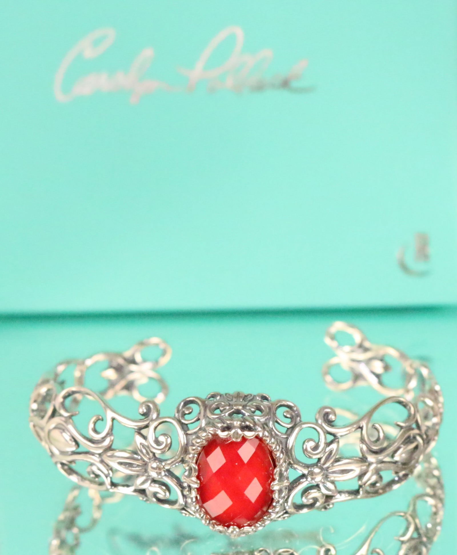 RARE NEW CAROLYN POLLACK Relios Sterling Silver Faceted Carnelian Red Doublet  Wide Cuff Bracelet IN (1 of 4)