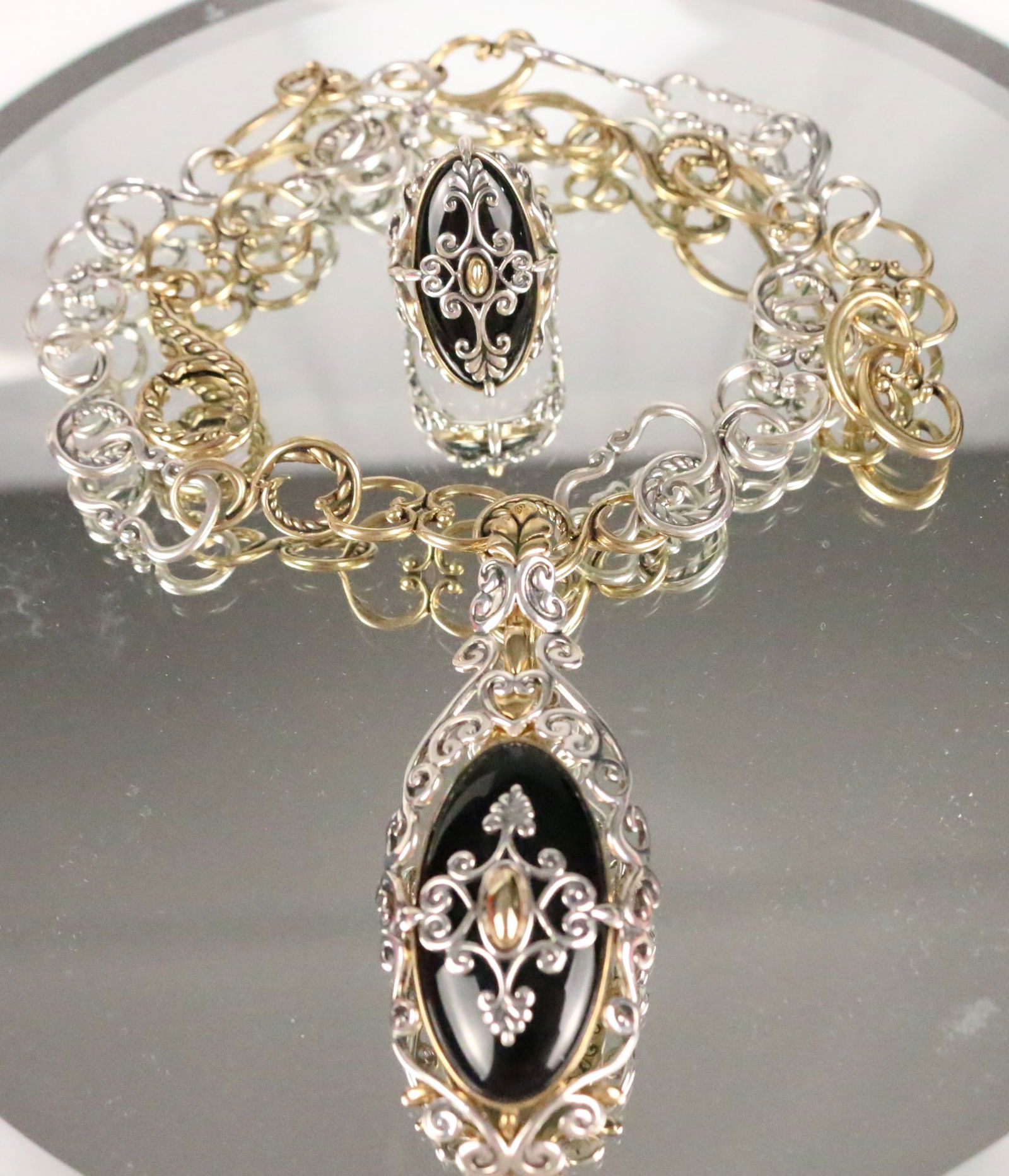 RARE NEW CAROLYN POLLACK 2 TONE STERLING SILVER & BRASS Black Onyx Victorian Design Necklace & Ring (1 of 6)