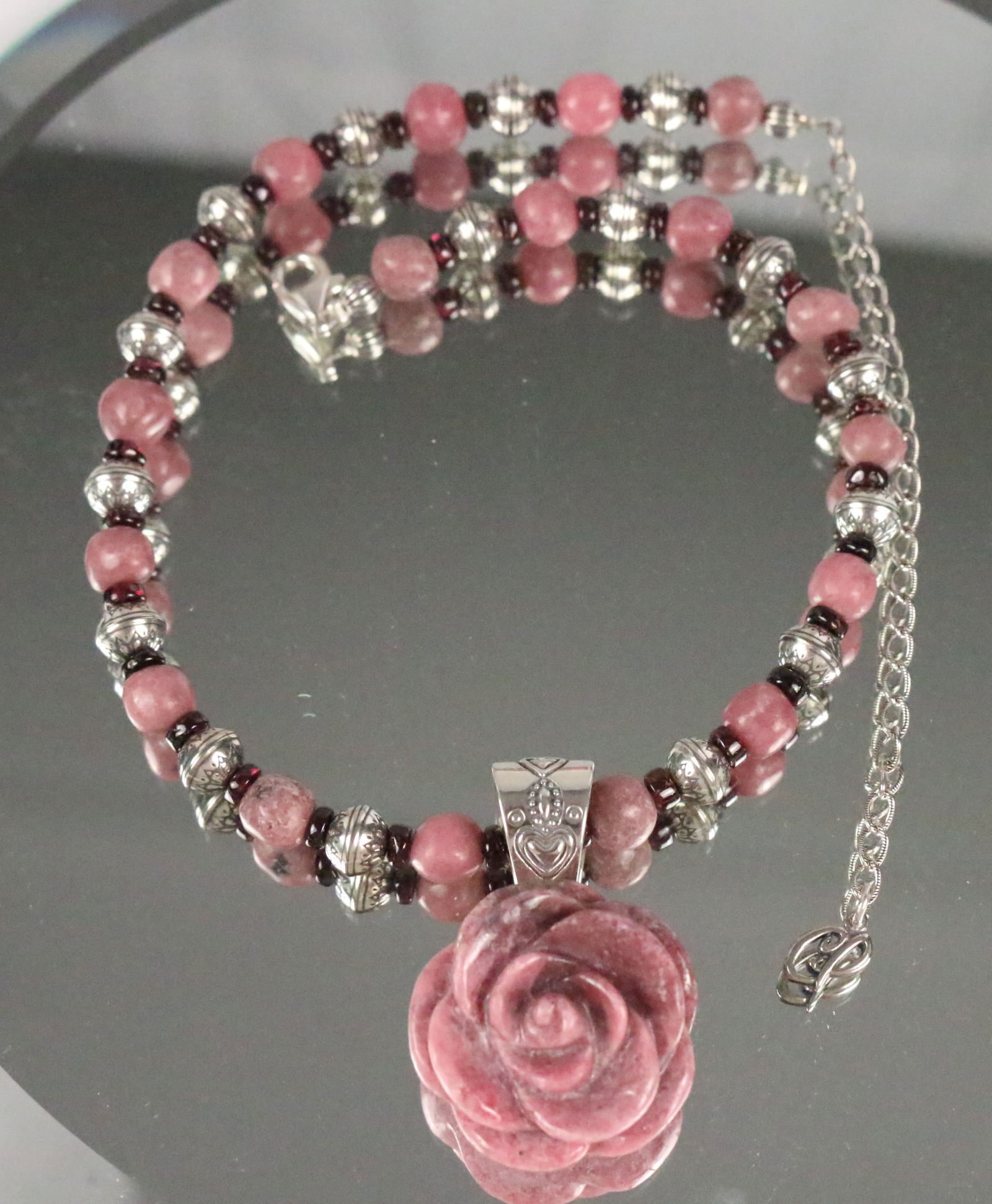 ESTATE CAROLYN POLLACK Relios Sterling Silver Rhodochrosite Rose Carved Garnet  Pendant Necklace in (1 of 5)