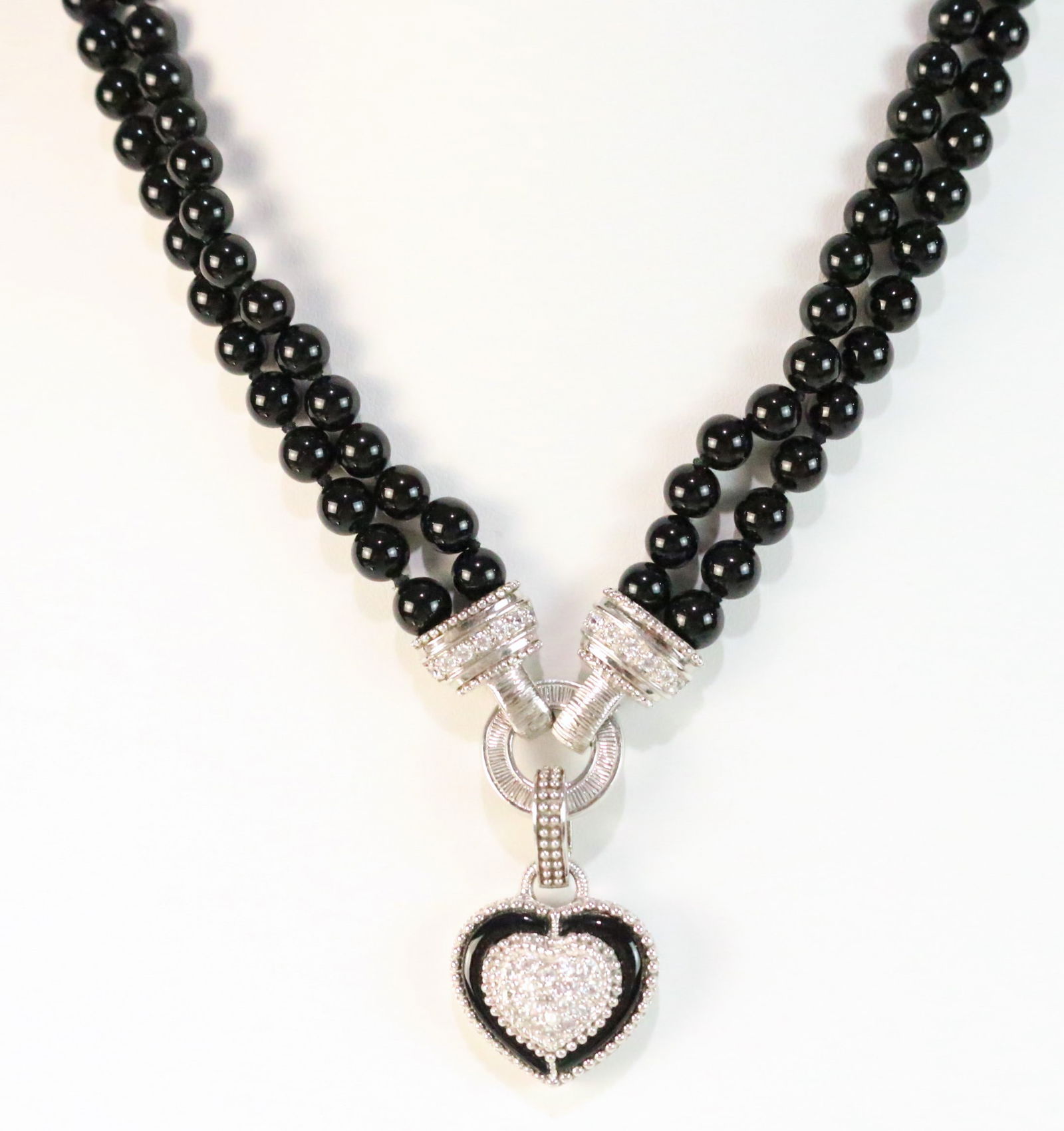 Judith Ripka Sterling Silver black Onyx & CZ 2 strand Large Heart Charm Pendant Necklace (1 of 4)
