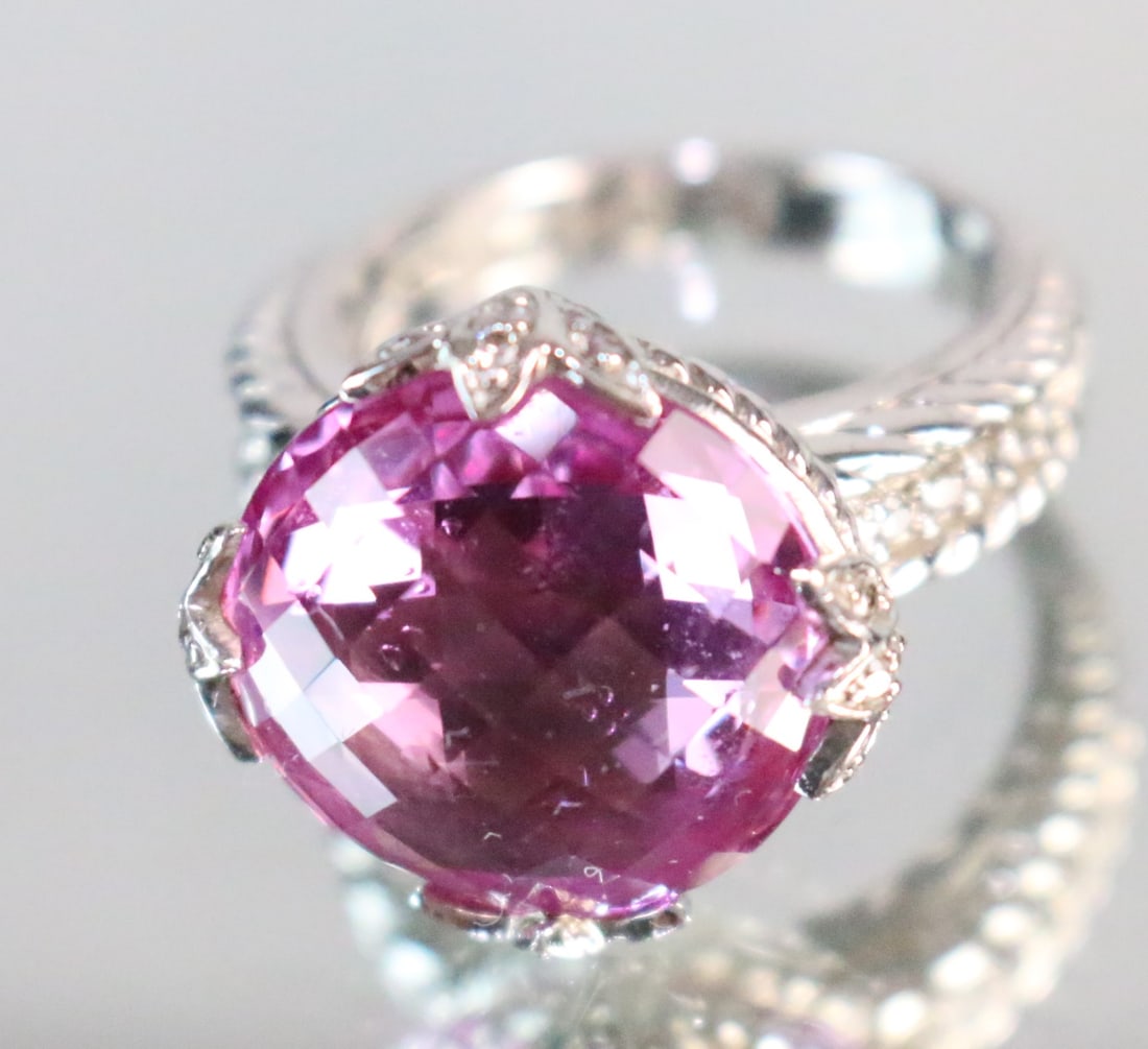 Judith Ripka Sterling Silver Huge Pink Faux sapphire Cocktail Ring Size 8.25 (1 of 5)