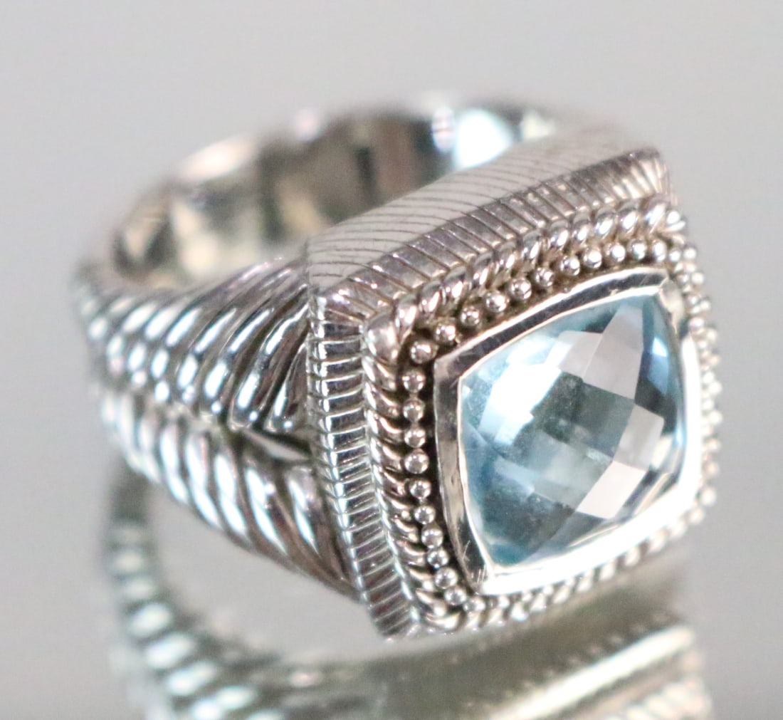 Judith Ripka Sterling Silver Blue Topaz Cushion Ring Size 8.25. (1 of 4)