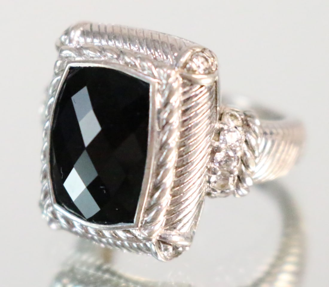 Judith Ripka Sterling Silver Faceted Black Onyx & CZ Ring Size 8.25. (1 of 5)