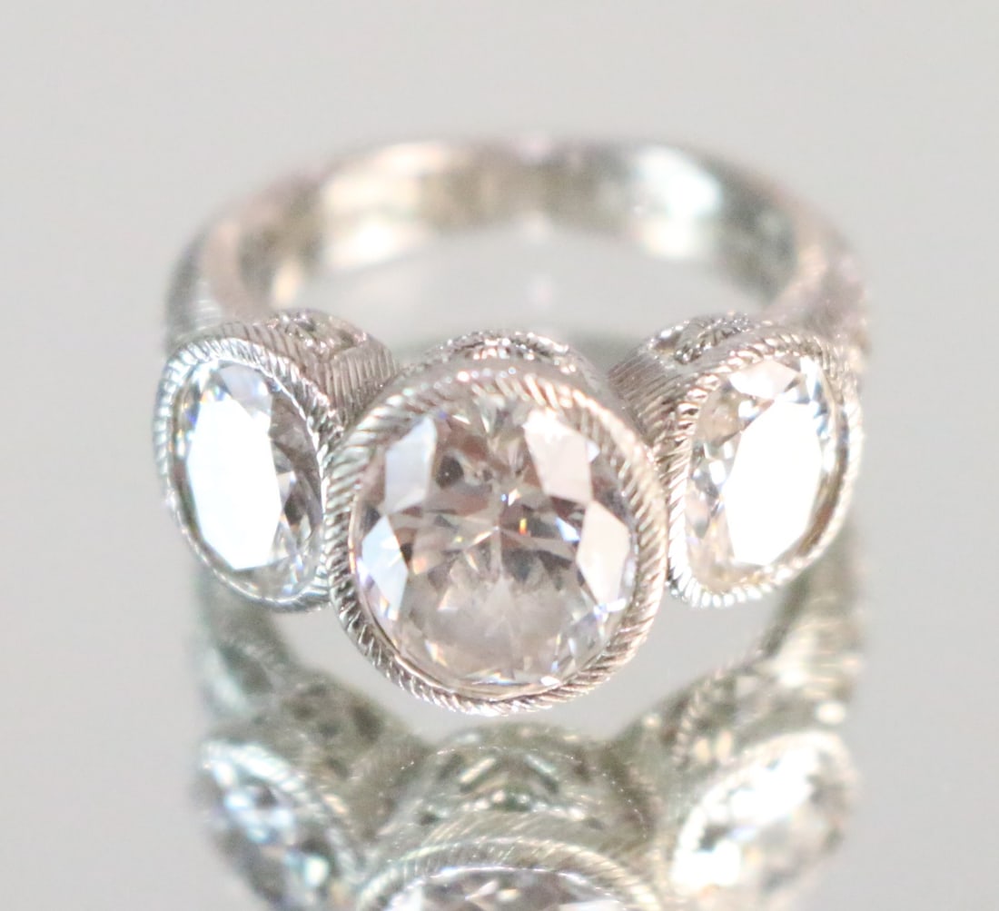 Judith Ripka Sterling Silver Large 3 stone oval CZ's Ring Size 6.25. (1 of 6)