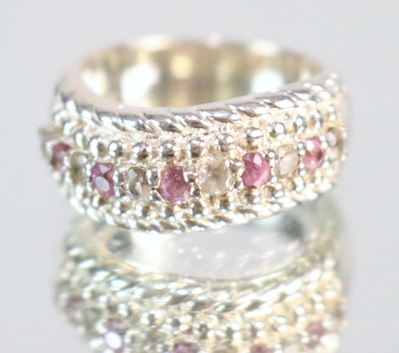 RARE Judith Ripka Sterling Silver Wide Wavy Band CZ Pink Sapphire Ring Size 10 (1 of 4)