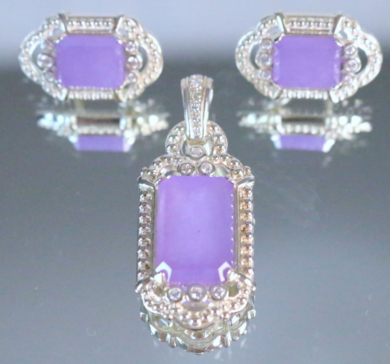 RARE Judith Ripka Sterling Silver Pendant enhancer Lavender Jade Earrings 3 pc Set (1 of 3)