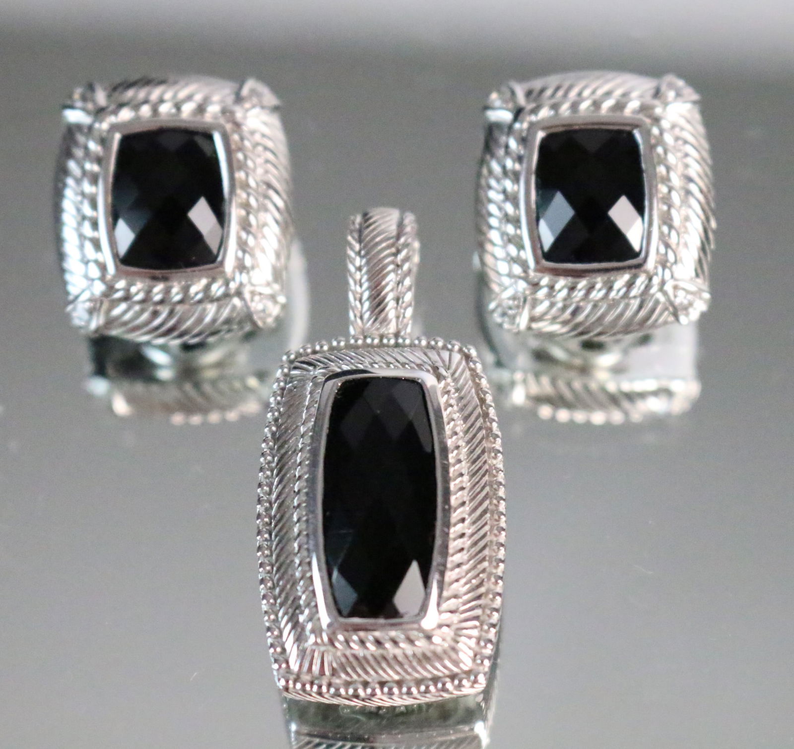 Judith Ripka Sterling Silver Black Onyx Faceted Pendant - enhancer Earring Set (1 of 4)