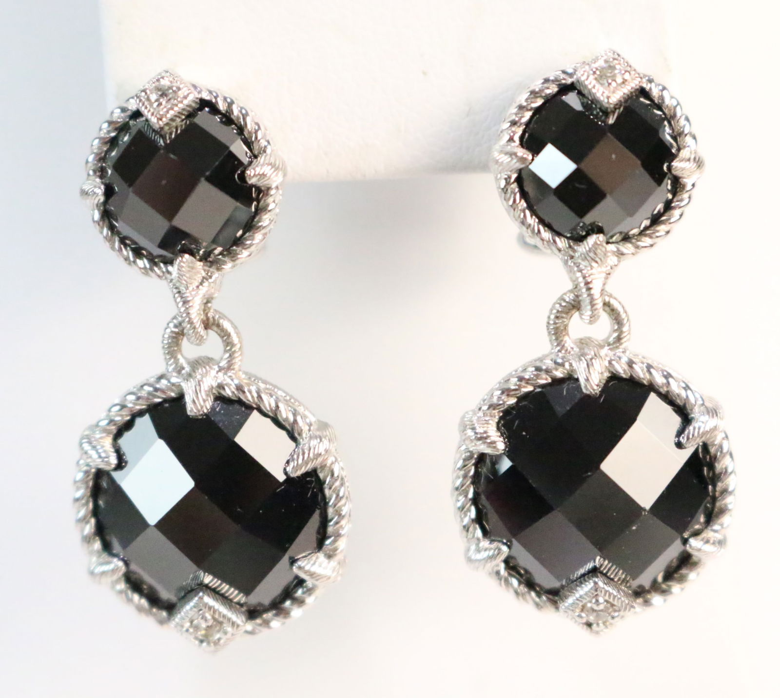 Judith Ripka Sterling Silver Large double drop Black onyx Pierced Earrings (1 of 2)