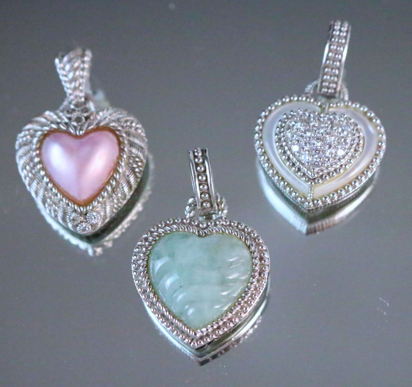 Judith Ripka Lot of 3 Large Heart Jade, Pearl CZ Sterling Silver Pendant charm enhancers (1 of 5)