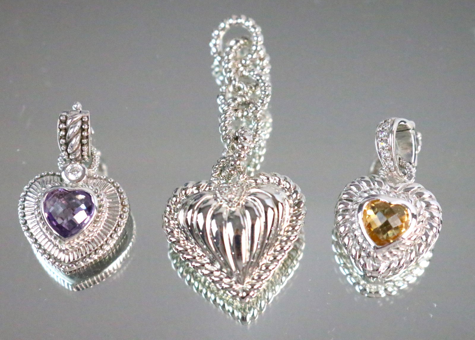 Judith Ripka Lot of 3 Heart Amethyst CZ Sterling Silver Pendant charm enhancers (1 of 4)