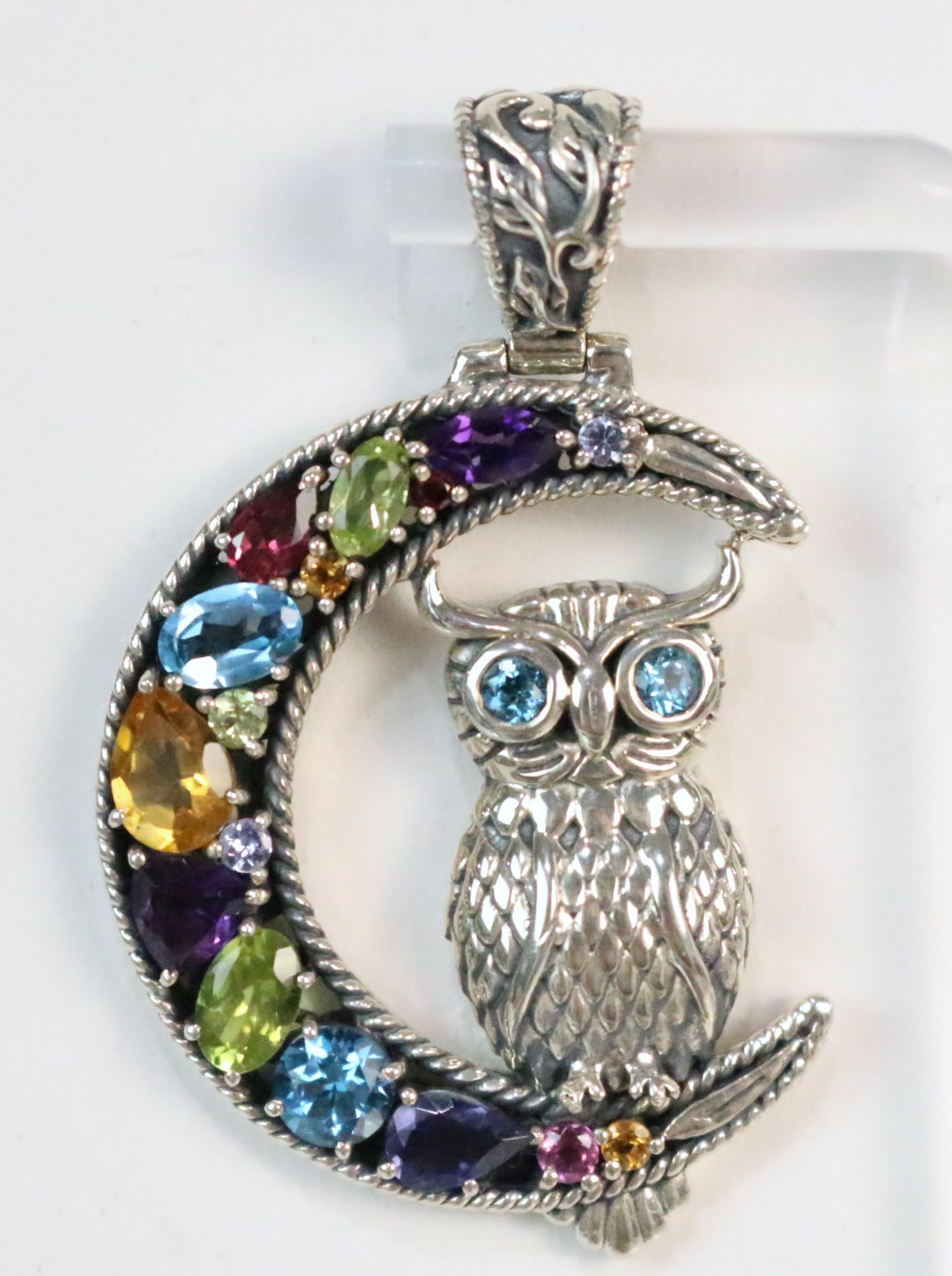 RARE Samuel B Sterling Silver Multi Gemstone Owl Pendant (1 of 2)