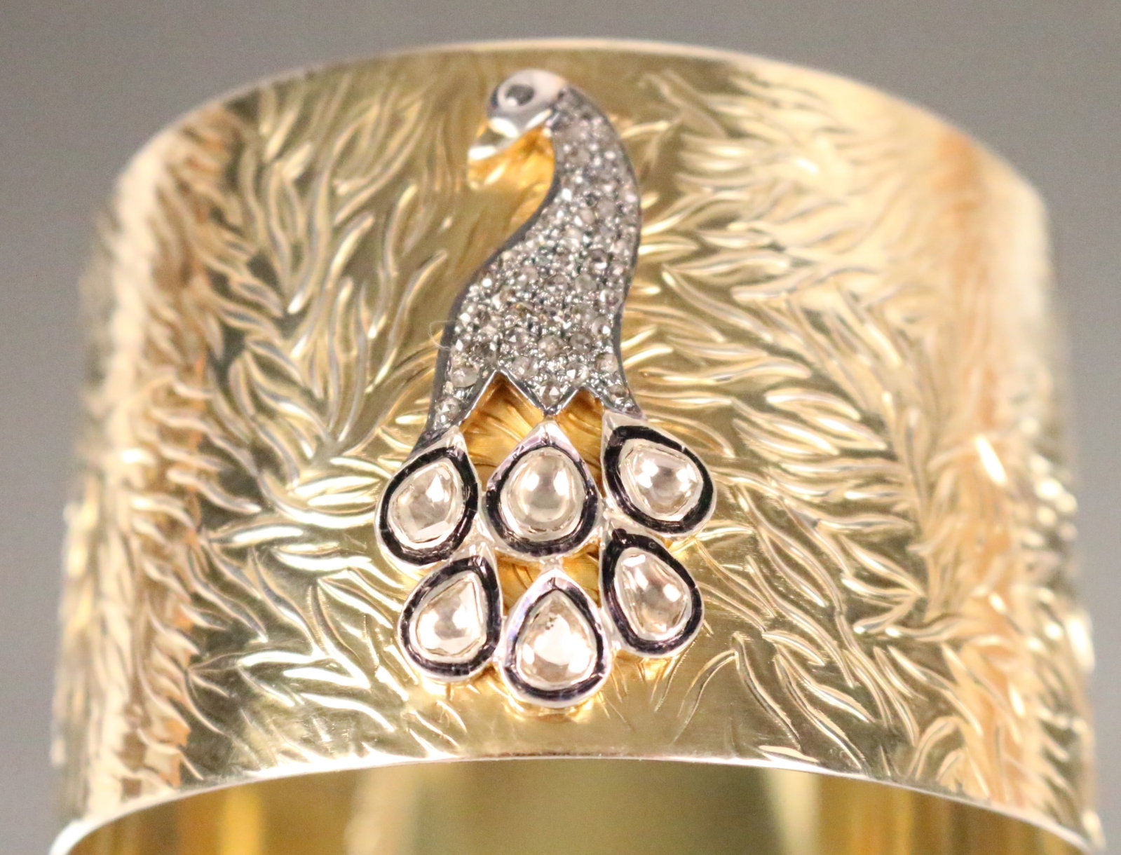 ULTRA RARE NEDA BEHNAM Gold over 925 DIAMOND Peacock Cuff Bracelet: FABULOUS ULTRA RARE With the Original Card, Neda Behnam Benham Soho Style Peacock DIAMOND Cuff. The large peacock features TESTED FOR DIAMONDS, Black diamond bird and eye with HUG teardrop approx. 1 c