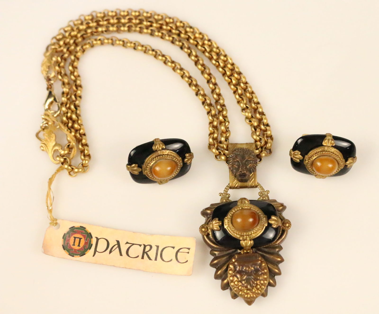 NEW Vintage Designer Patrice Gold ONYX Lion Necklace & Earring 3 pc. Set (1 of 5)