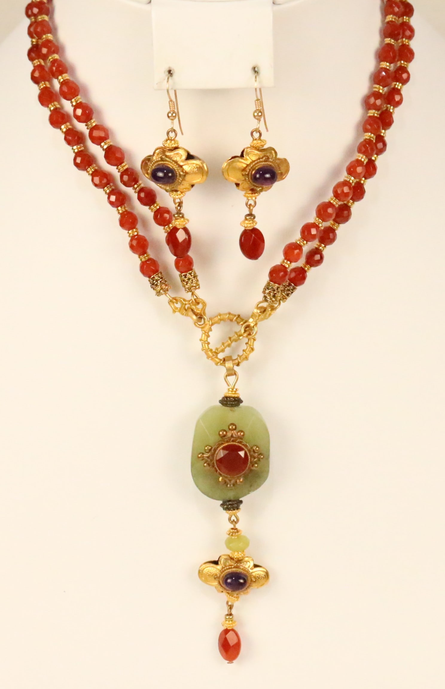 NEW Vintage Designer Patrice Carnelian Jade Amethyst Revival Necklace & Earring 3 pc. Set (1 of 3)