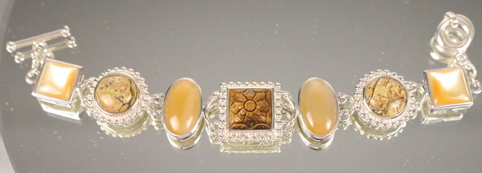 Whitney Kelly Multi stone Toggle Bracelet Sterling Silver. Jasper, Mop, Carved (1 of 4)