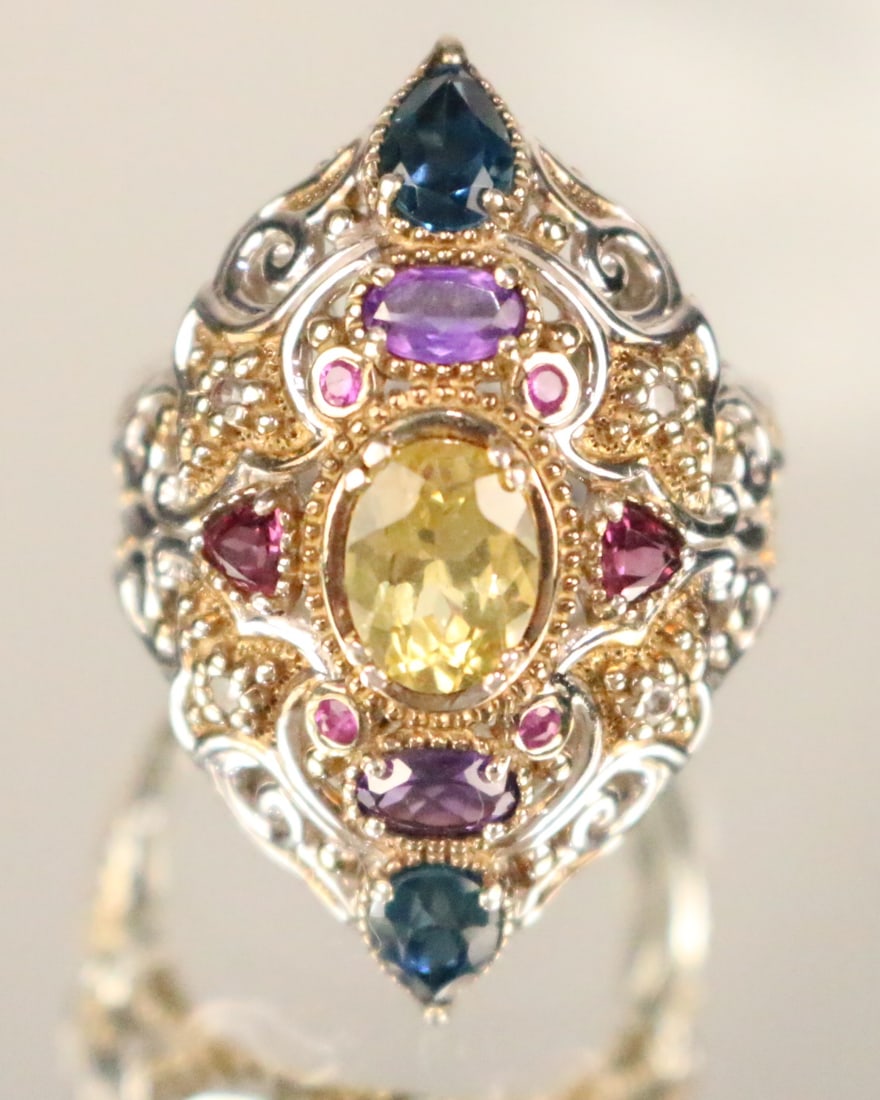 Gems end Vogue Michael Valitutti Multi Gemstone Topaz Sterling Silver gold Victorian Ring size 8.5 (1 of 4)