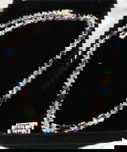 Samuel B Sterling Silver 30 carat Multi Gemstone Topaz, Amethyst + more link Necklace in Box: FABULOUS approx. 30 carats estimated only, Multi color TEST FOR: blue topaz, tanzanite, tourmaline, chrysoprase, amethyst. Assorted shape gemstones individual prong set with Hinged beaded spacers for