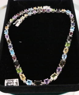 Samuel B Sterling Silver 30 carat Multi Gemstone Topaz, Amethyst + more link Necklace in Box: FABULOUS approx. 30 carats estimated only, Multi color TEST FOR: blue topaz, tanzanite, tourmaline, chrysoprase, amethyst. Assorted shape gemstones individual prong set with Hinged beaded spacers for