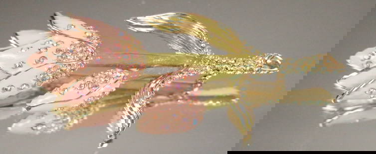 RARE NEW Vintage Swarovski Jewelers Collection Twin Tulip Enamel Crystal Brooch: NEW Old stock IN THE BOX. Swarovski Jewelers Collection Large 3.5" x 1.5" brooch in pink and green enamel over gold tone pink, & green crystals. Swan Logo.