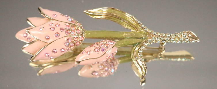 RARE NEW Vintage Swarovski Jewelers Collection Twin Tulip Enamel Crystal Brooch: NEW Old stock IN THE BOX. Swarovski Jewelers Collection Large 3.5" x 1.5" brooch in pink and green enamel over gold tone pink, & green crystals. Swan Logo.