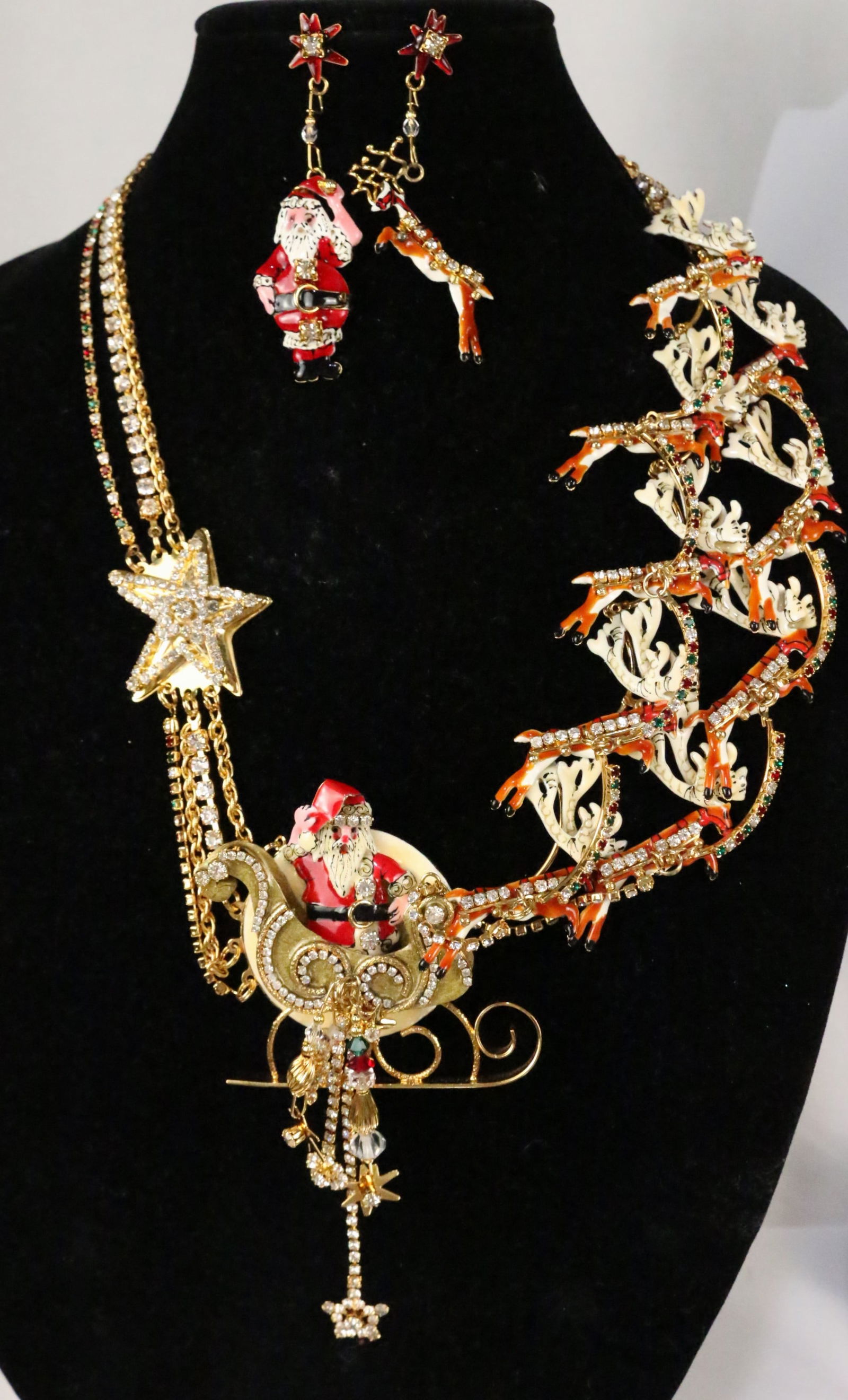 RARE Lunch at the Ritz 24 kt Gold plate  Santa Sleigh Reindeer White Christmas Necklace Earrings Set (1 of 11)