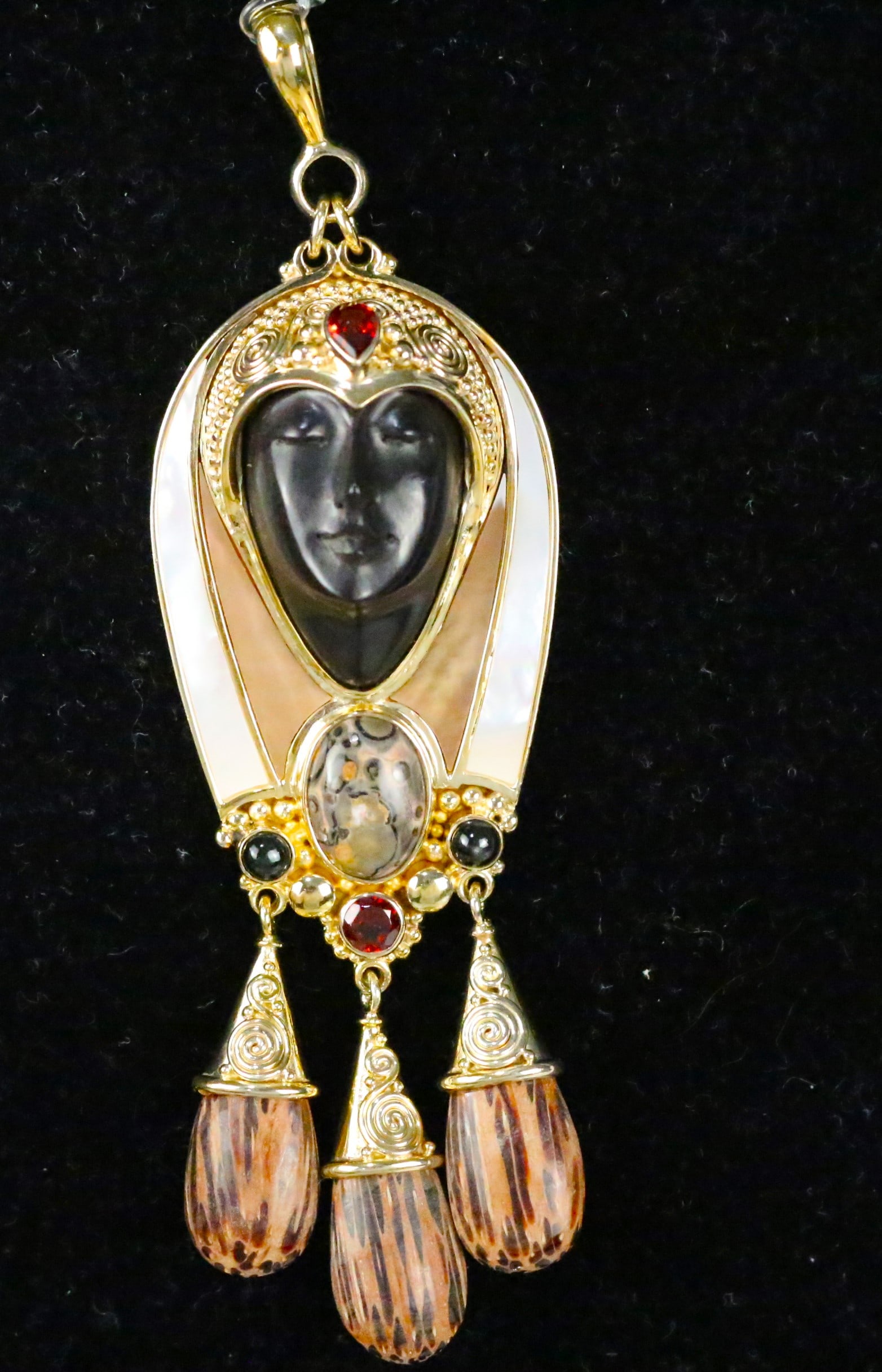 Large Sajen Gold over Sterling Silver Carved Black Onyx MOP Red Tourmaline Gemstone Goddess Pendant (1 of 4)