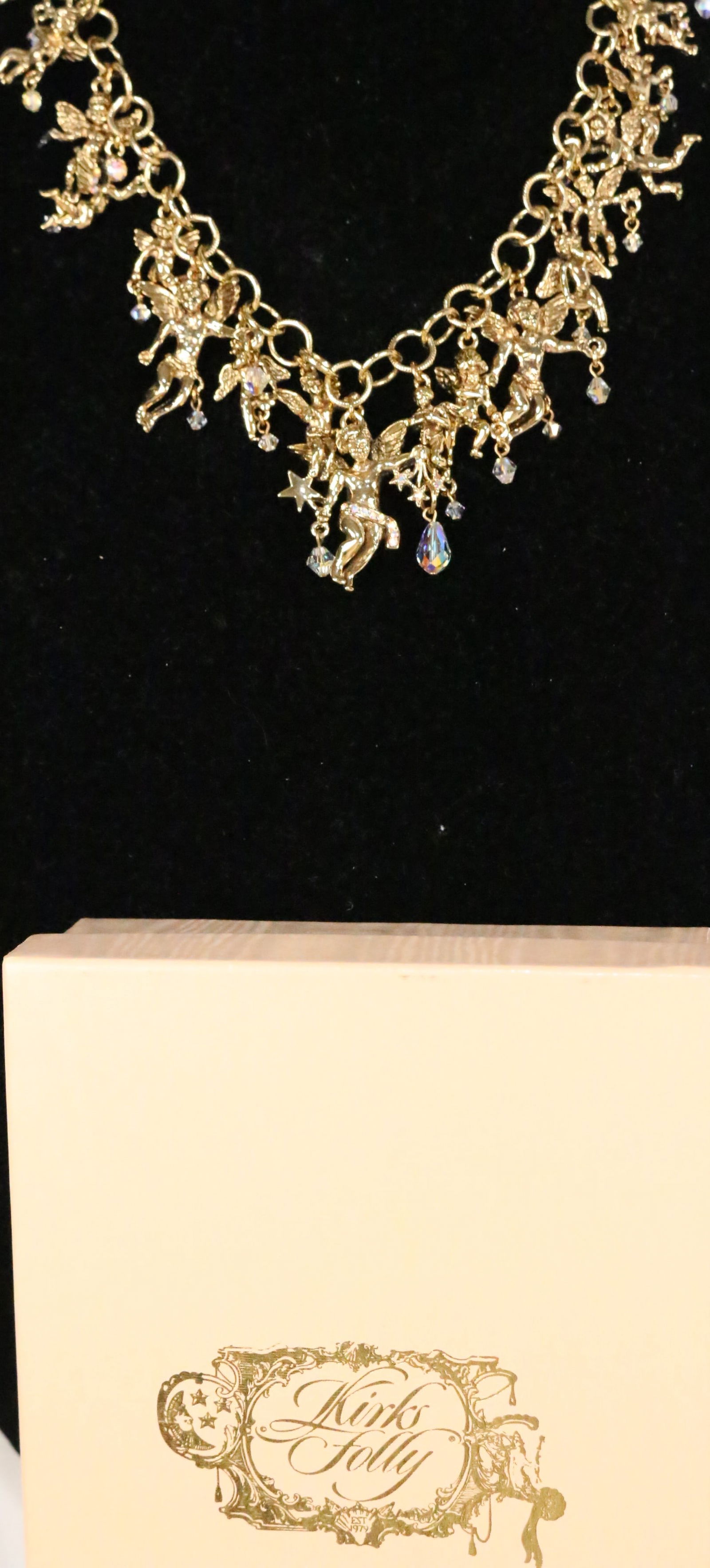 NEW RARE Vintage Kirks Folly 21 Cherub Angels Charm Crystal Necklace in the original box (1 of 5)