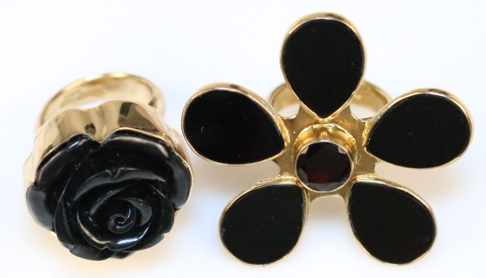 RARE Designer Naturally Unique GOLD Alchemia Lot of 2 Rings: Black Rose & garnet Carved Ring (1 of 6)