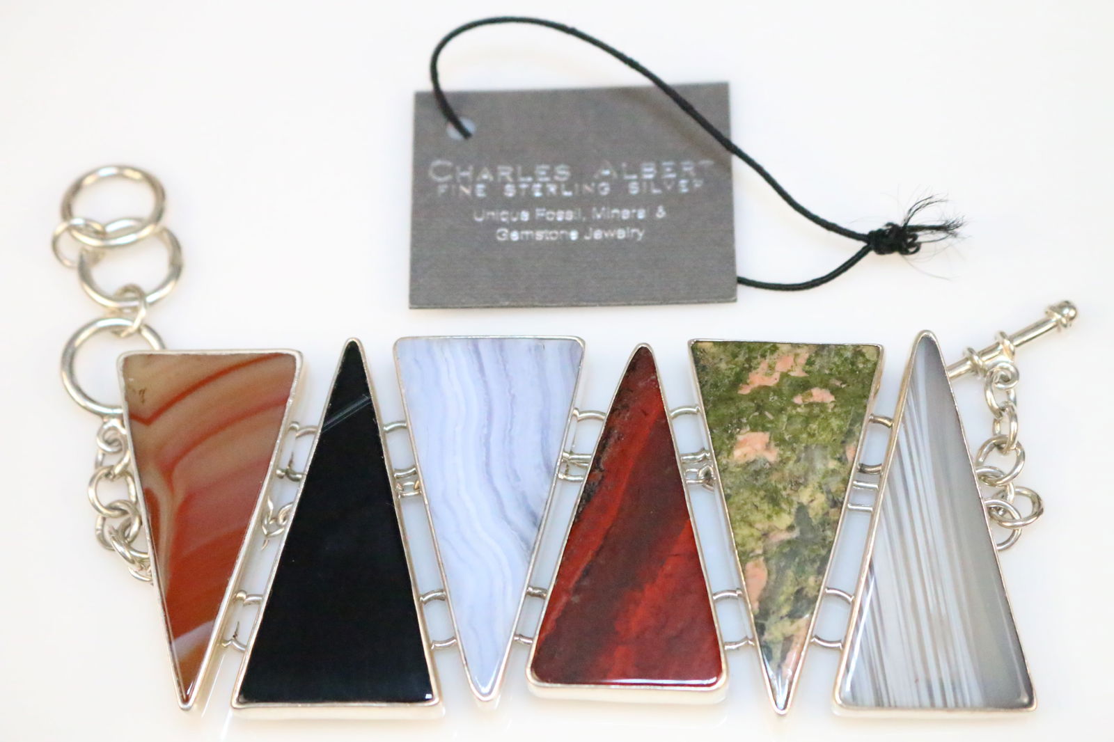 RARE Designer Charles Albert Fine Sterling Silver HUGE Modern Jasper, Agate, Onyx Unakite Bracelet (1 of 5)