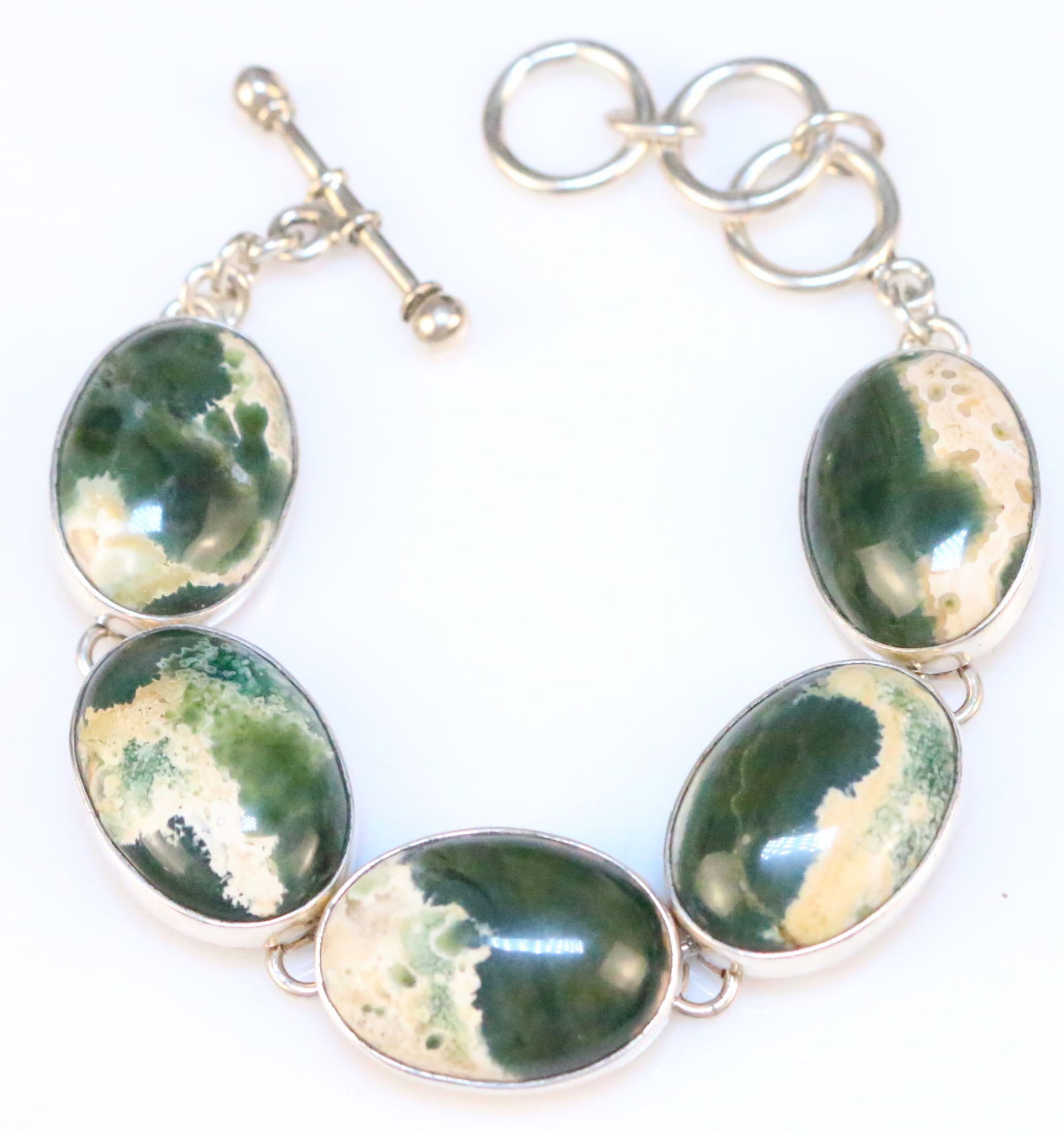 RARE Designer Charles Albert Fine Sterling Silver Large Green Moss Agate Toggle Bracelet (1 of 4)